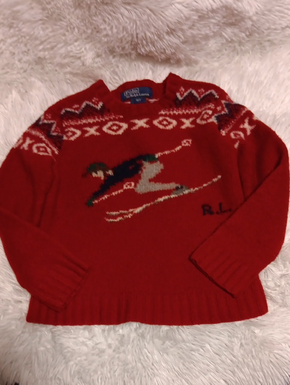 Boys Vintage Polo Ralph Lauren Red Ski Motif Sweater